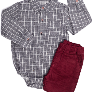 Conjunto para Niño Camisa Gris a Cuadros y Pantalón Guinda