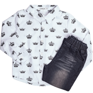 Conjunto para Niño Camisa Blanca con Coronas y Pantalón Jeans.
