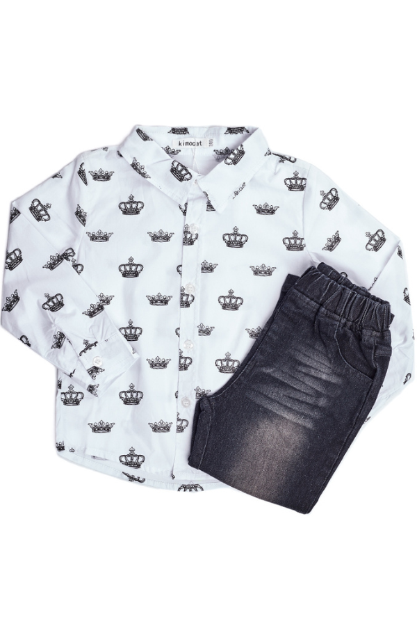 Conjunto para Niño Camisa Blanca con Coronas y Pantalón Jeans.