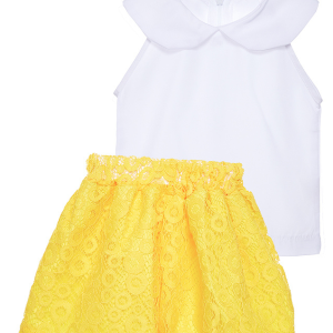 Conjunto para Niña Blusa Blanca y Shorts de Encaje Amarillo