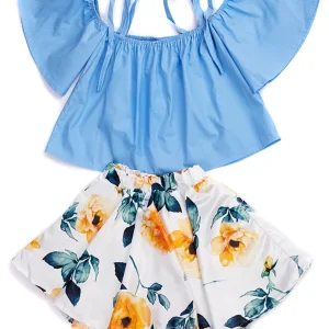 Conjunto para Niña con Blusa con Lazos y Falda de Flores Amarillas.