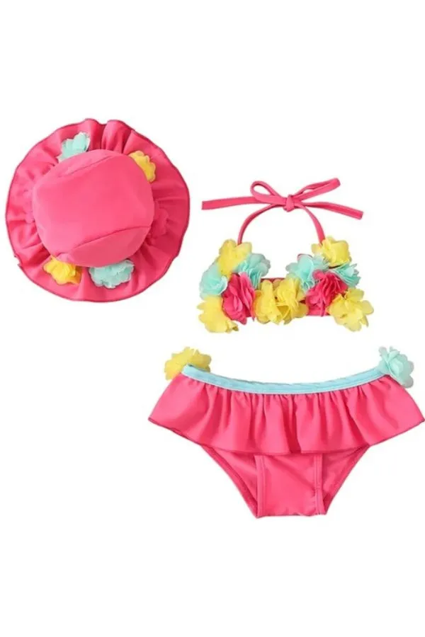 Ropa de Baño 3 piezas para Bebe Niña Fucsia de Flores - Imagen 2