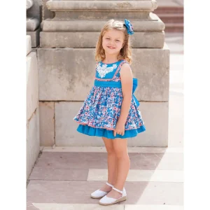 Vestido Talle Alto Flor Almendro Azul y Coral